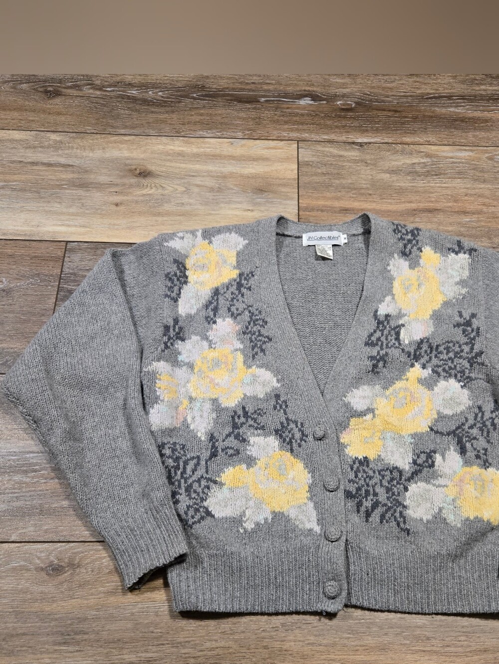 Vintage JH Collectibles Gray Floral Angora Lambswool Cardigan Sweater Size M